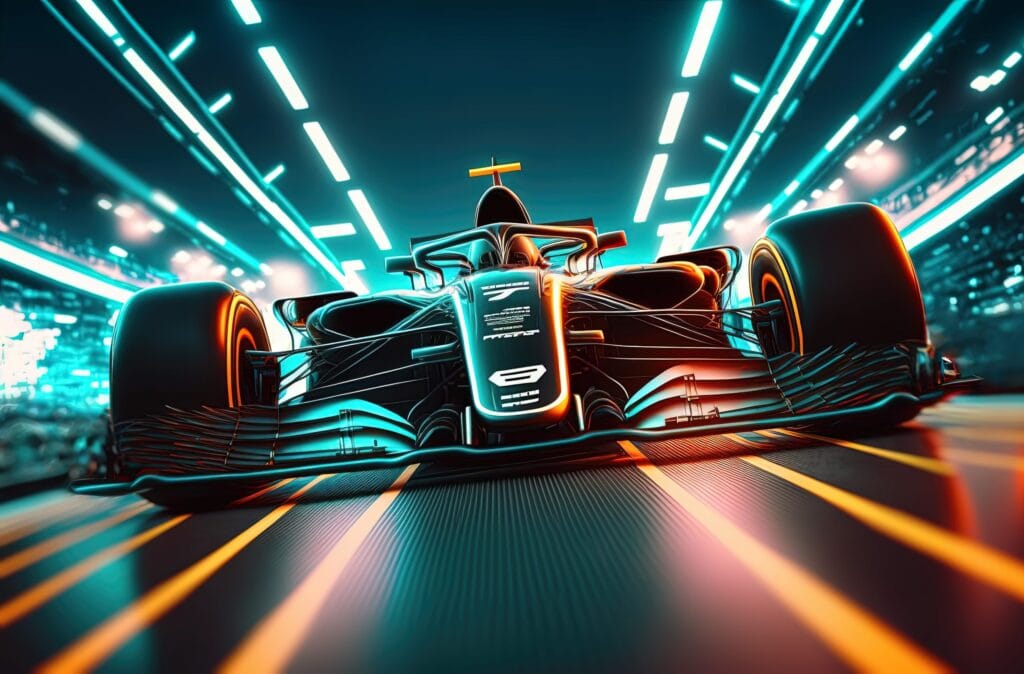 Futuristic racing formula race car at fast ride to finish in tunnel with streaking lights aqua and orange