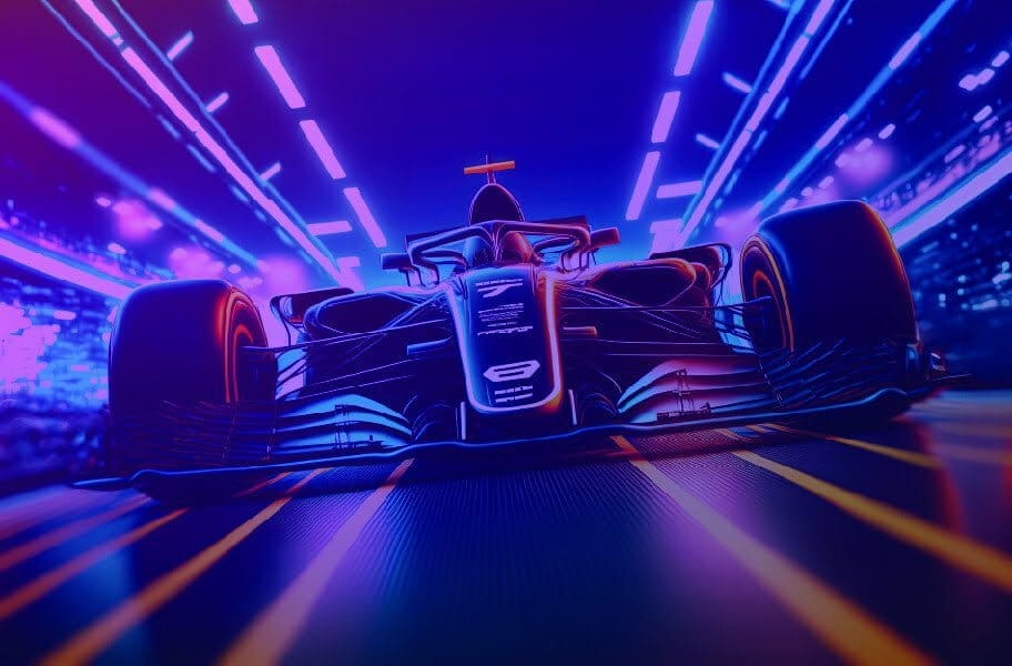 Purple overlay, Futuristic racing formula race car at fast ride to finish in tunnel with streaking lights aqua and orange